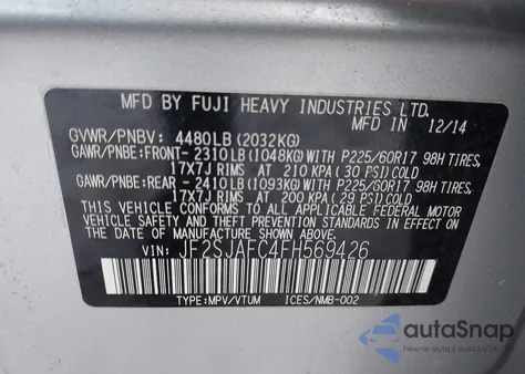 2015 Subaru Forester 2.5I Premium из США, поврежденный, VIN JF2SJAFC4FH569426